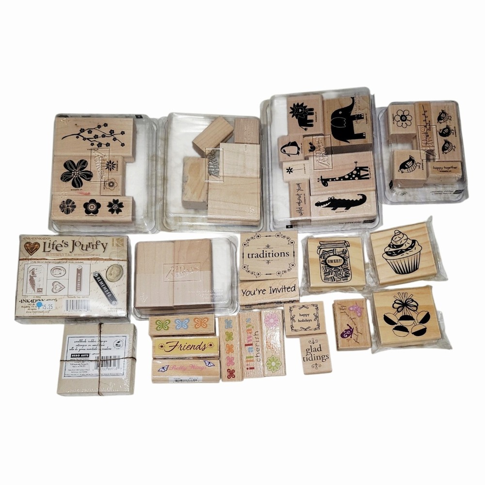 Large Mixed Lot Wood Mounted Rubber Stamps Stampin' Up Inkadinkado Michaels